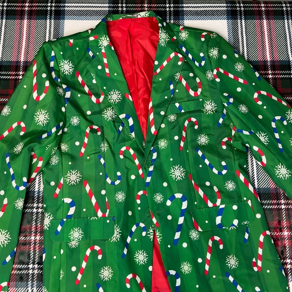 Mens Green Candy Cane Snowflake Ugly Christmas Blazer Jacket Size L